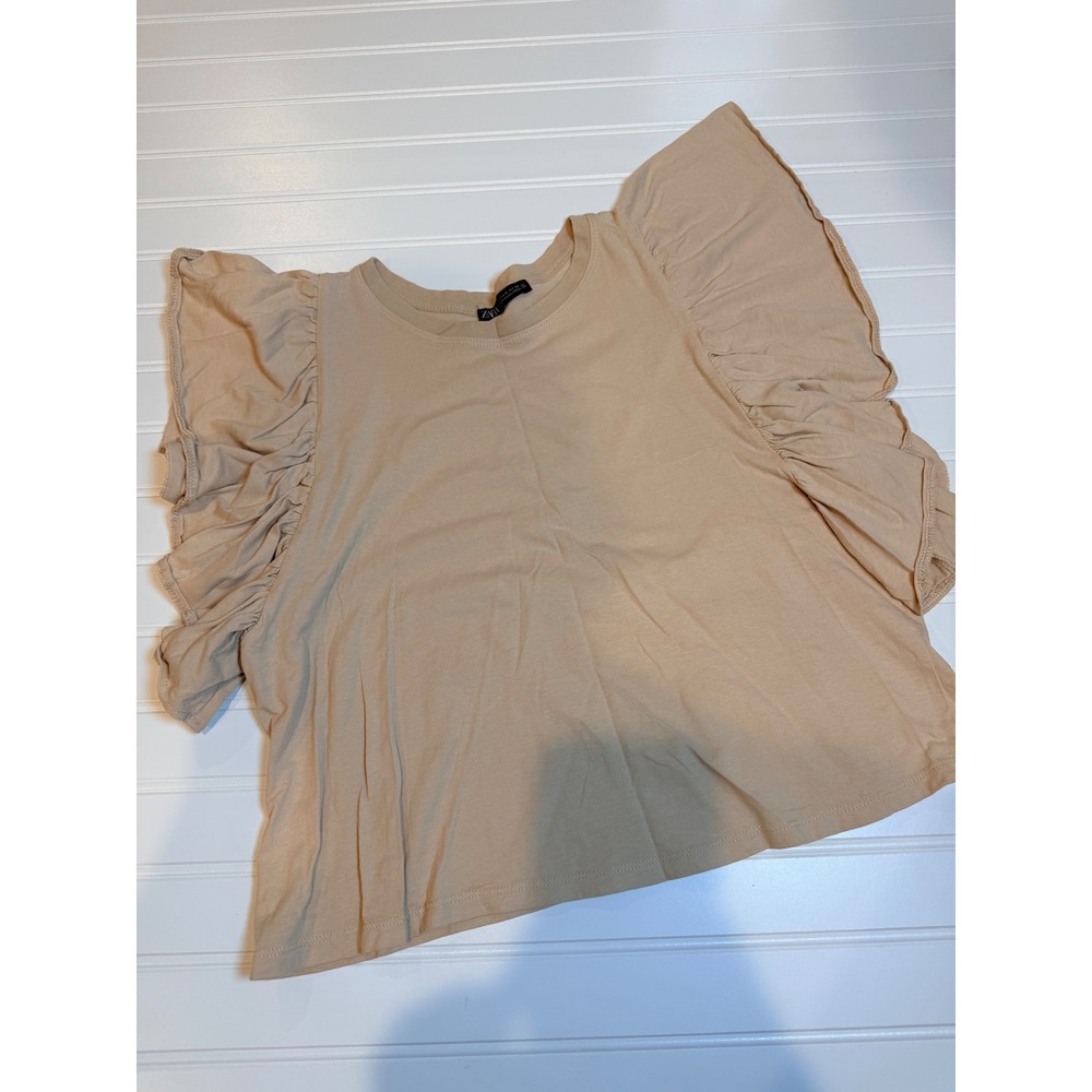 Zara Womens Beige Ruffle Flutter Sleeve Knit T-Shirt Top Tan Size Small